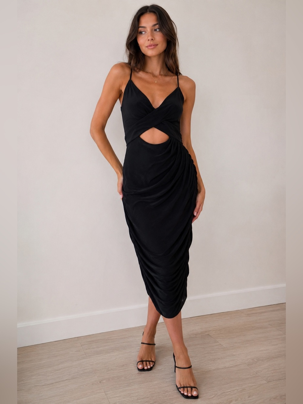 21 Saints Black Ruched Cutout Bodycon Midi Dress